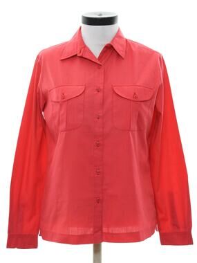 Vintage 60s Panher Women's Medium Pink Red Blouse Patch Pocket Button Shirt